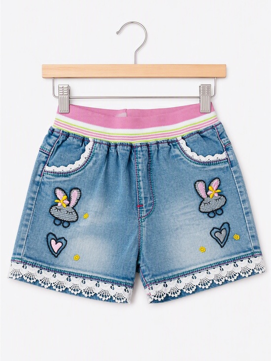 Other - Girls Light Wash Denim Bunny Shorts Eyelet Lace Trim Elastic Waist Kawaii